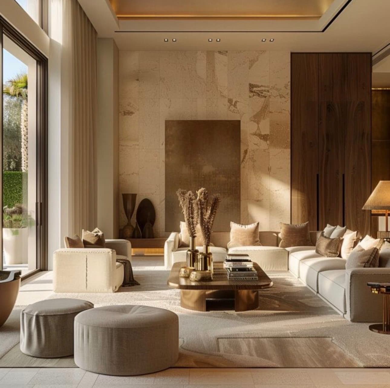 Bright, spotless living room with cream sofas and warm natural light
